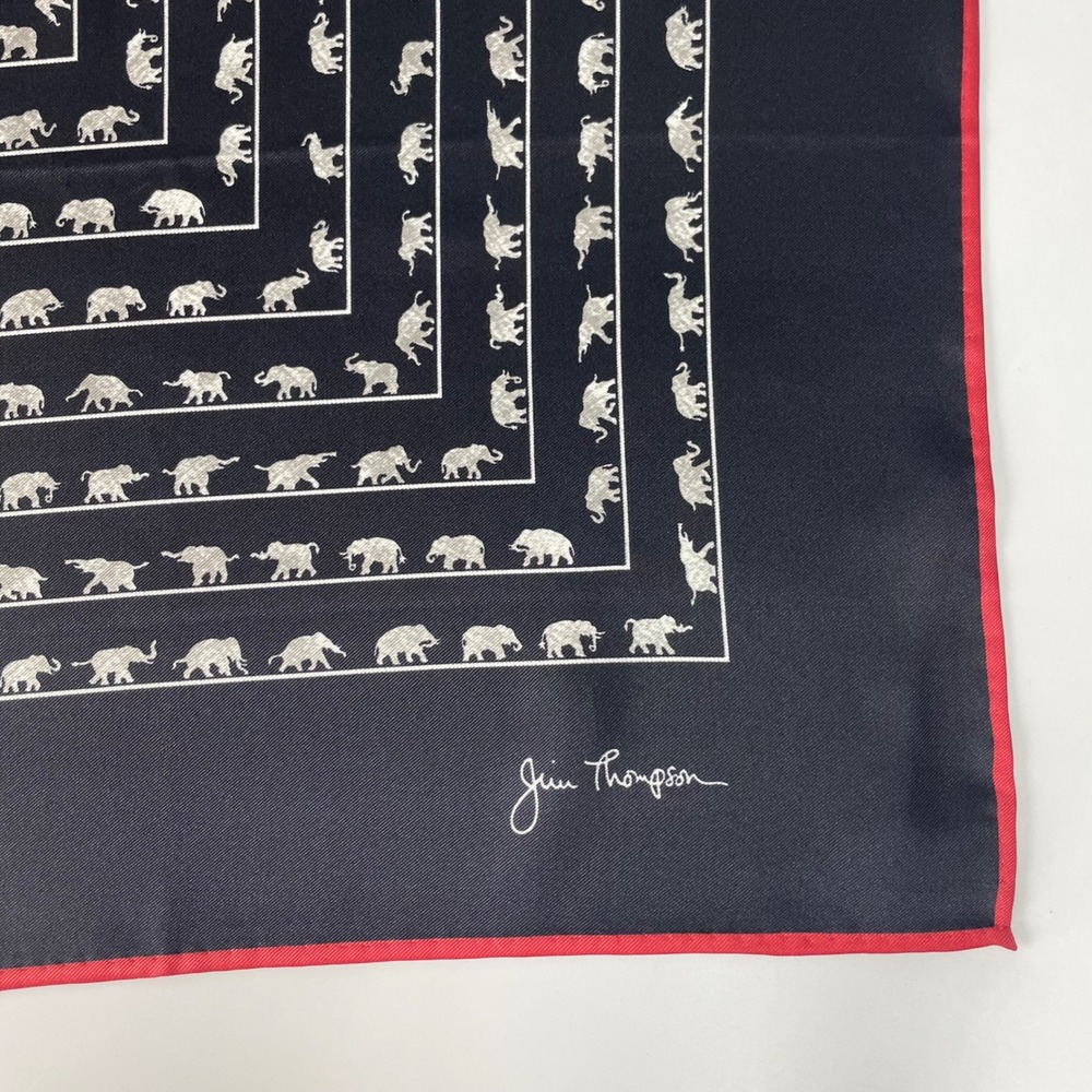Jim Thompson Silk Scarf Elephant Print Navy Blue Red Border Square Scarf Animal